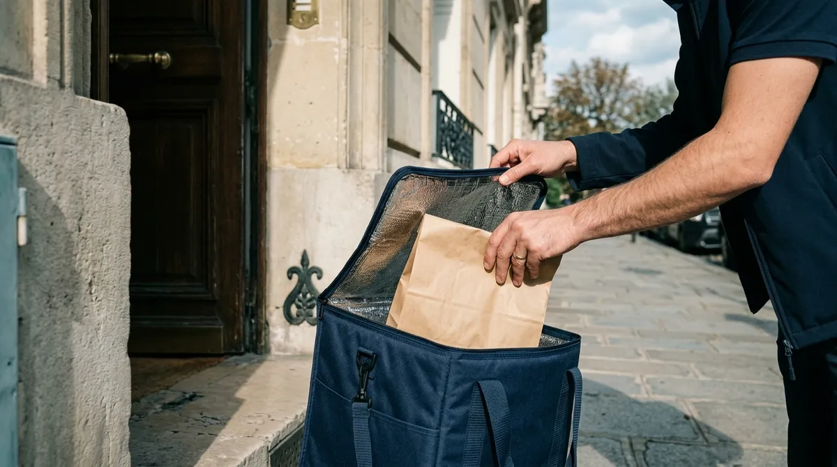 Livreur sortant un sac de repas de sa sacoche isotherme