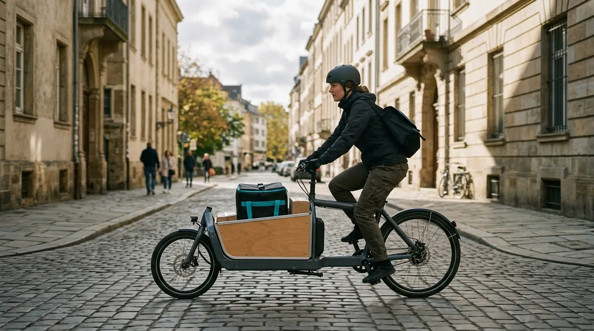 Coursier à vélo cargo en pleine livraison urbaine