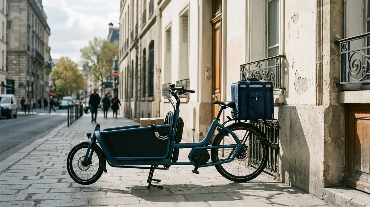Vélo cargo de livraison stationné devant un immeuble